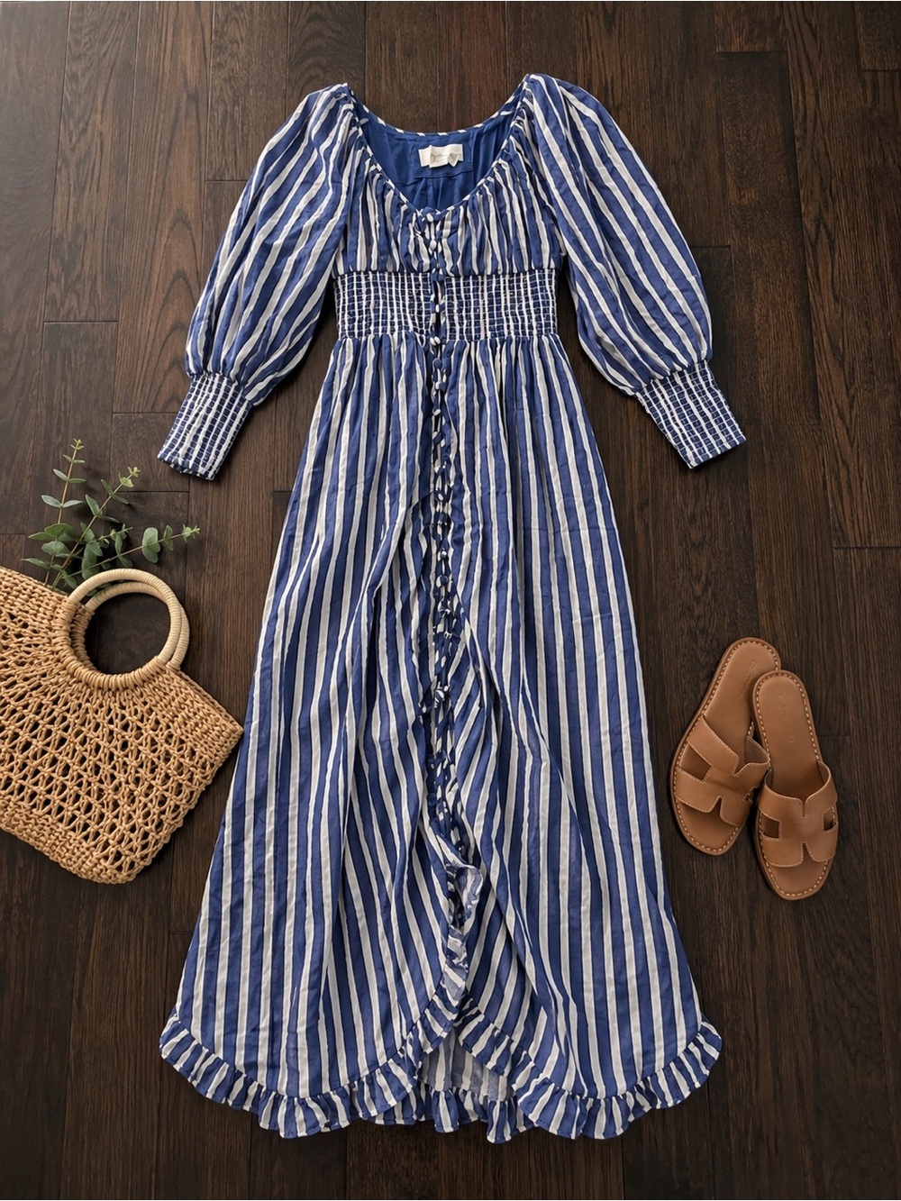 Anthropologie Blue and White Striped Maxi Dress with Smocked Waist